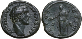Antoninus Pius (138-161). AE As, Rome mint, 140-144. Obv. ANTONINVS AVG PIVS P P. Head of Antoninus Pius, right. Rev. TR POT COS III S C. Clementia, s...