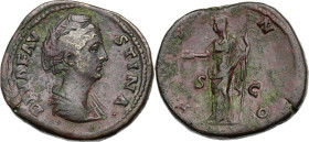 Faustina I (died 141 AD). AE Sestertius. Obv. DIVA FAVSTINA. Draped bust right. Rev. IVNO. Juno standing left, holding patera and sceptre. RIC III (A....