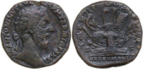 Marcus Aurelius (161-180). AE Sesterce, Rome mint, 176-177 AD. Obv. M ANTONINVS AVG GERM SARM TR P XXXI. Radiate head right. Rev. IMP VIII COS III P P...