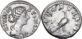 Diva Faustina II (after 176 AD). AR Denarius, Rome mint, 176-180. Obv. DIVA FAVSTINA PIA. Bust of Diva Faustina II, hair waved and fastened in a bun o...