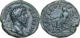 Lucius Verus (161-169). AE As, Rome mint, 162-163. Obv. IMP CAES L AVREL VERVS AVG. Head of Lucius Verus, laureate, right. Rev. FORT RED TR POT III CO...