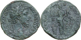 Commodus (177-193). AE Sestertius, Rome mint, 182 AD. Obv. M COMMODVS ANTONINVS AVG. Head of Commodus, laureate, right. Rev. TR P VII IMP V COS III P ...