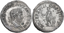 Caracalla (198-217). AR Denarius, Rome mint, 215 AD. Obv. ANTONINVS PIVS AVG GERM. Head of Caracalla, laureate, right. Rev. P M TR P XVIII COS IIII P ...