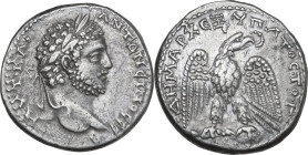 Caracalla (198-217). AR Tetradrachm, Antioch mint (Syria), 211-212. Obv. Laureate head right. Rev. Eagle standing right on leg of sacrificial animal, ...