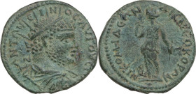 Caracalla (198-217). AE 26 mm, Nikomedia mint (Bithynia). Obv. Radiate, draped and cuirassed bust right, seen from behind. Rev. Nemesis standing left,...