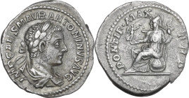 Elagabalus (218-222). AR Denarius, Rome mint, 218 AD. Obv. IMP CAES M AVR ANTONINVS AVG. Bust of Elagabalus, laureate, draped, right. Rev. PONTIF MAX ...
