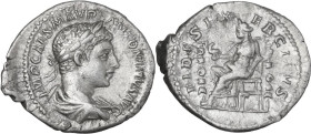 Elagabalus (218-222). AR Denarius, Rome mint, 218-222. Obv. IMP CAES M AVR ANTONINVS AVG. Bust of Elagabalus, laureate, draped, right. Rev. FIDES EXER...