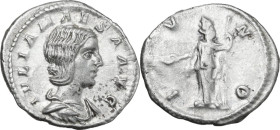 Julia Maesa (died 225 AD). AR Denarius, struck under Elagabalus, 218-220. Obv. IVLIA MAESA AVG. Draped bust right. Rev. IVNO. Juno standing left holdi...