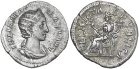 Julia Mamaea, mother of Severus Alexander (died 235 AD). AR Denarius, Rome mint, 225-235. Obv. IVLIA MAMAEA AVG. Bust of Julia Mamaea, diademed, drape...