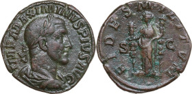 Maximinus I (235-238). AE Sestertius, 235-236 AD. Obv. IMP MAXIMINVS PIVS AVG. Laureate, draped and cuirassed bust right. Rev. FIDES MILITVM SC. Fides...