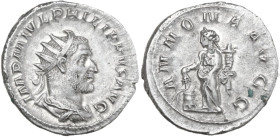 Philip I (244-249). AR Antoninianus, Rome mint. Obv. IMP M IVL PHILIPPVS AVG. Radiate, draped and cuirassed bust right. Rev. ANNONA AVGG. Annona stand...