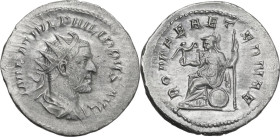 Philip I (244-249). AR Antoninianus, 247 AD. Obv. IMP M IVL PHILIPPVS AVG. Radiate, draped and cuirassed bust right. Rev. ROMAE AETERNAE. Roma seated ...