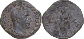 Philip I (244-249). AE Sestertius, 246 AD. Obv. IMP M IVL PHILIPPVS AVG. Laureate, draped and cuirassed bust right. Rev. ANNONA AVGG SC. Annona standi...
