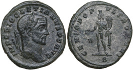 Diocletian (284-305). AE Follis, Rome mint, 296-297. Obv. IMP C DIOCLETIANVS P F AVG. Head of Diocletian, laureate, right. Rev. GENIO POPV-LI ROMANI. ...
