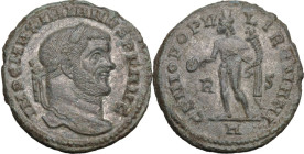 Maximian (286-310). AE Follis. Rome mint, 297/8 AD. Obv. Laureate bust right. Rev. Genius standing left, holding patera and cornucopiae; R-S across fi...