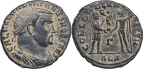 Galerius (305-311). AE 20 mm, Alexandria mint, 296-297. Obv. GAL VAL MAXIMIANVS NOB CAES. Bust of Galerius, radiate, draped, cuirassed, right. Rev. CO...