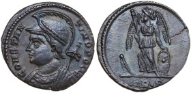 Constantine I (307-337). AE 17 mm., Trier mint, 332-333. Obv. CONSTAN-TINOPOLIS. Bust of Constantinopolis, laureate, helmeted, wearing imperial cloak,...