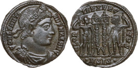 Constantine I (307-337). AE 17 mm, Siscia mint, 334-335. Obv. CONSTANTI-NVS MAX AVG. Bust of Constantine I, rosette-diademed, draped, cuirassed, right...