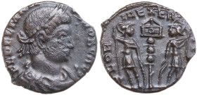Delmatius (335-337). AE 14.5 mm, Trier mint, 335-337. Obv. FL DELMATI-VS NOB CAES. Bust of Dalmatius, laureate, draped, cuirassed, right. Rev. GLOR-IA...