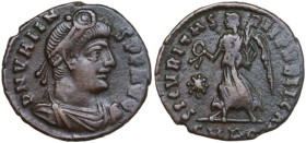 Valens (364-378). AE 18mm., Rome mint, 375-378. Obv. D N VALEN-S P F AVG. Bust of Valens, pearl-diademed, draped and cuirassed, right. Rev. SECVRITAS-...