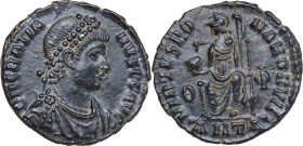 Gratian (367-383). AE 18 mm, Antioch mint, 378-383. Obv. D N GRATI-ANVS P F AVG. Bust of Gratian, pearl-diademed, draped and cuirassed, right. Rev. VI...