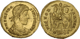 Theodosius I (379-395). AV Solidus, Treveri mint, 378-383. Obv. D N THEODO-SIVS P F AVG. Pearl-diademed, draped, and cuirassed bust right. Rev. VICTOR...
