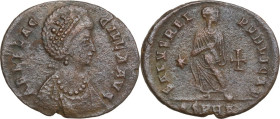 Aelia Flaccilla, first wife of Theodosius I (died 386 AD). AE 24 mm, Heraclea mint. Obv. AEL FLAC-CILLA AVG. Bust of Aelia Flacilla, with elaborate he...