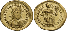 Theodosius II (402-450). AV Solidus, Constantinople mint, 408-430. Obv. DN THEODOSIVS PF AVG. Pearl-diademed, helmeted and cuirassed bust facing sligh...