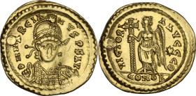 Marcian (450-457). AV Solidus, Constantinople mint,. Obv. DN MARCIA-NVS PF AVG. Pearl-diademed, helmeted, and cuirassed bust facing slightly right, ho...