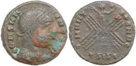 AE 17.5 mm, Imitation of a late Roman follis, c. 4th century. Obv. Laureate head right. Rev. small figure standing on a large X-shaped structure, hold...