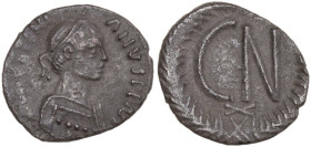 Justinian I (527-565). AR Light siliqua, Ravenna mint, 562-565. Obv. Diademed and cuirassed bust right. Rev. CN; below, X; all within wreath. MIB 66-6...