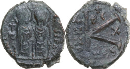Justin II and Sophia (565-578). AE Half follis, Thessalonika mint, dated RY 10 (574-575). Obv. Justin II, holding globus cruciger, and Sophia, holding...