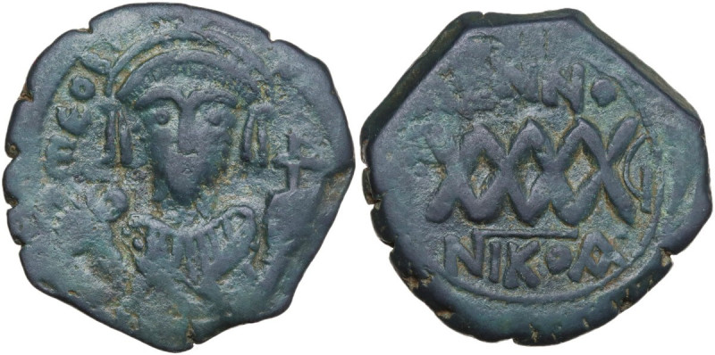 Phocas (602-610). AE Follis, Nicomedia mint, dated RY 6 (607-608). Obv. Consular...