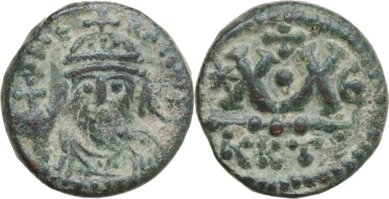 Heraclius (610-641). AE Half follis, Carthage mint. Obv. Helmeted and cuirassed ...
