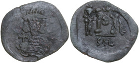 Constantine IV Pogonatus, with Heraclius and Tiberius (668-685). AE Follis, Syracuse mint, 669-672. Obv. Helmeted bust facing, holding globus cruciger...