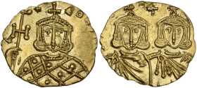 Constantine V Copronymus with Leo IV (741-775). AV Solidus, Syracuse mint. Obv. Facing busts of Constantine V and Leo IV, each wearing crown and chlam...