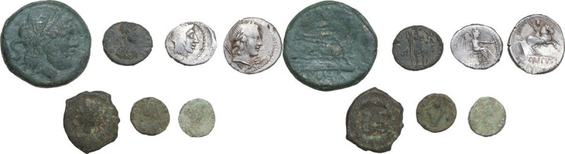 Roman Republic and Empire. Multiple lot of seven (7) unclassified AE and AR coin...