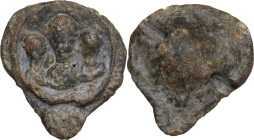 The Roman Empire. PB Tessera, late 4th century AD. depicting This could be. D/ Three busts, the one in the middle is larger than the others (Theodosiu...