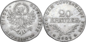 Austria. Franz II (1792-1835). AR 20 Kreuzer 1809, Hall mint. Herinek 824. AR. 6.61 g. 27.00 mm. Light iridescent tone. Good VF. Struck during the And...