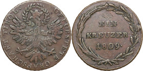Austria. Franz II (1792-1835). AE Kreuzer 1809, Hall mint. Herinek 1077. AE. 4.66 g. 23.50 mm. VF. Struck during the Andreas Hofer Insurrection; the l...