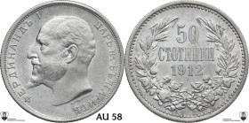 Bulgaria. Ferdinand I (1908-1918). AR 50 stotinki 1912. KM 30. AR. 2.49 g. 18.00 mm. Encapsulated by Classical Coin Grading AU 58.