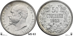 Bulgaria. Ferdinand I (1908-1918). AR 50 stotinki 1913. KM 30. AR. 2.49 g. 18.00 mm. Encapsulated by Classical Coin Grading MS 63 Hairlines.