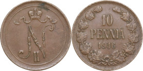 Finland. Nicola II (1894 - 1917). AE 10 penniä 1916, Grand Duchy of Finland under Russia. AE. 12.59 g. 30.00 mm. VF.