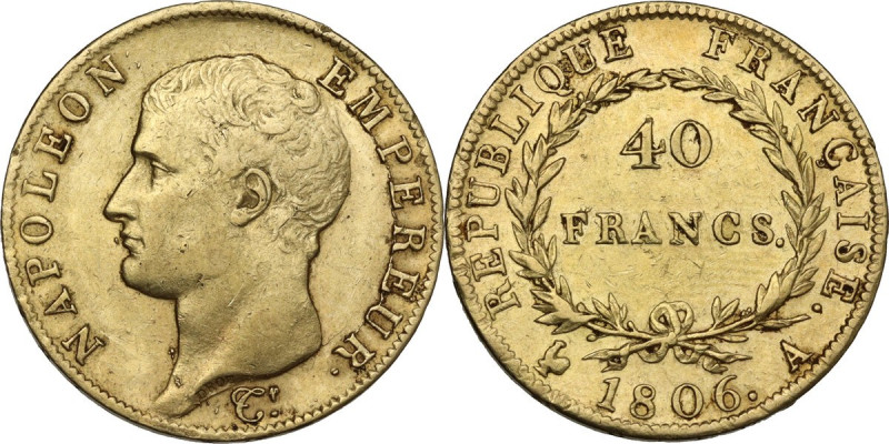 France. Napoleon I (1805-1814), Emperor. AV 40 Francs 1806 A, Paris mint. Gad. 1...