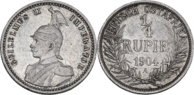 Germany, East Africa. Wilhelm II (1888-1918). AR 1/4 Rupie, 1904 A, Berlin mint. KM 8. AR. 2.92 g. 19.00 mm. VF.