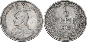 Germany, East Africa. Wilhelm II (1888-1918). AR 1/2 Rupie, 1910 J, Hamburg mint,. KM 9. AR. 5.79 g. 24.00 mm. VF.