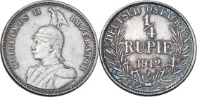 Germany, East Africa. Wilhelm II (1888-1918). AR 1/4 Rupie, 1912 J, Hamburg mint. KM 8. AR. 2.91 g. 19.00 mm. VF.