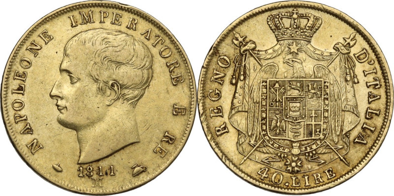 Italy. Napoleone Bonaparte (1805-1814). AV 40 lire 1811 Milano mint, 1 restruck ...