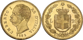 Italy. Umberto I (1878-1900). AV 20 lire 1882 Rome mint. Pag. (decimali) 578; MIR (Savoia) 1098e. AV. 6.44 g. 21.00 mm. MInor contact marks. About UNC...
