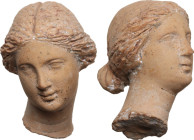 FEMALE TERRACOTTA HEAD South Italian, c. 4th-3rd century BC. Female head in terracotta, resting slightly on one side and with hair gathered in a chign...